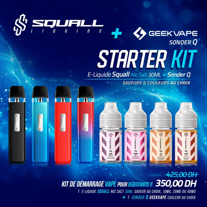 Kit de Démarrage Vape : Geek Vape Sonder Q & E-Liquide Squall 30ML Vapitex Maroc